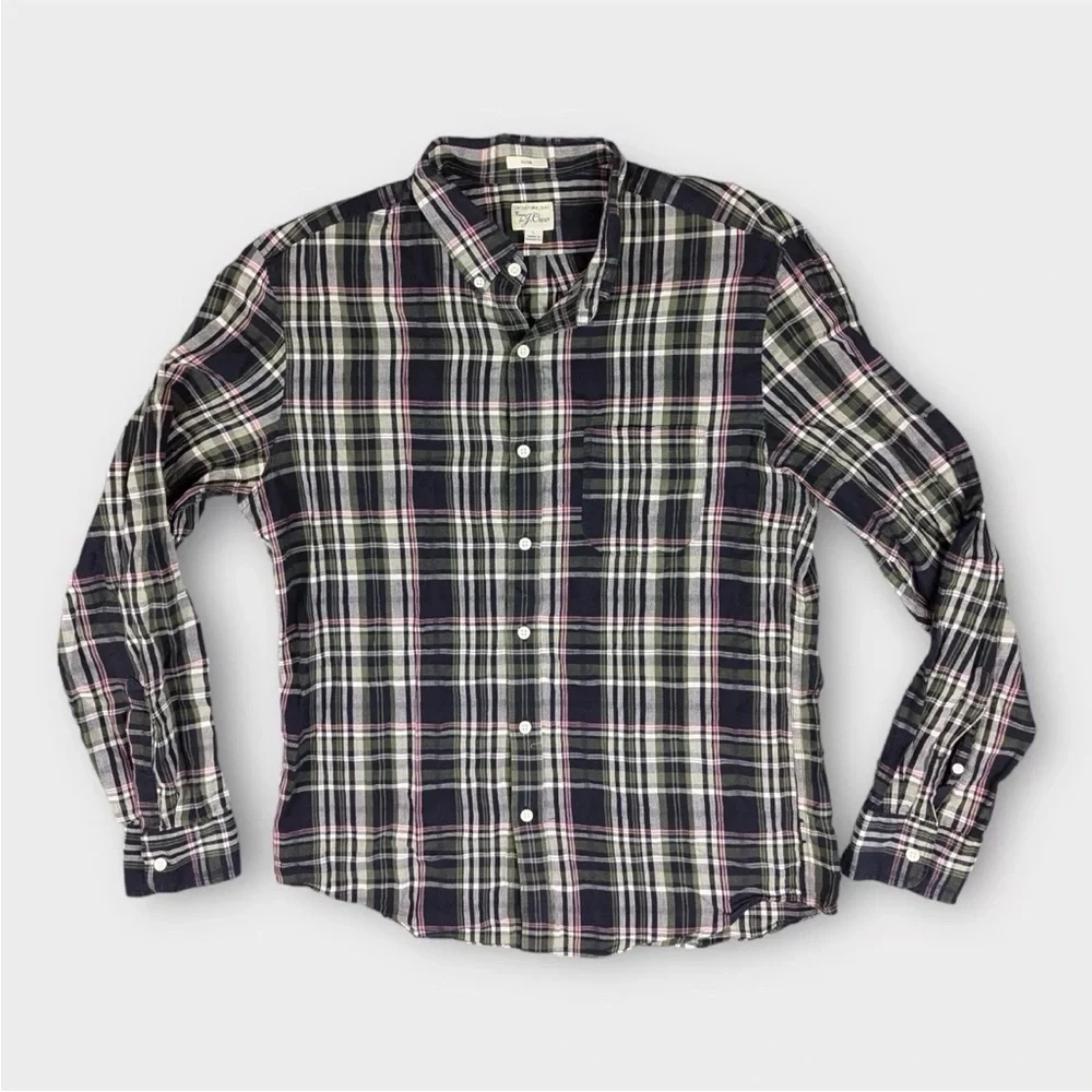 J. Crew Indian Madra Slim Fit Shirt Mens Large Green Blue Gray Plaid Pattern